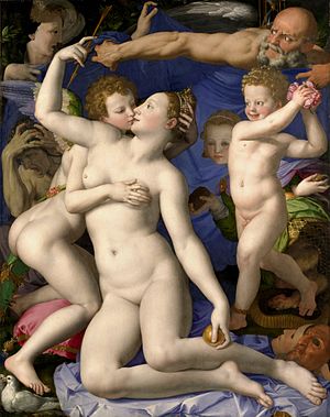 Venus, Cupid, Folly, and Time (also called An Allegory of Venus and Cupid and A Triumph of Venus) is an allegorical painting by the Florentine artist Agnolo Bronzino. It is now in the National Gallery, London. Artist     Agnolo Bronzino Year     circa 1545 Type     Oil on wood Dimensions     146 cm × 116 cm (57 in × 46 in) Location     National Gallery, London Its meaning, however, remains elusive. Cupid, along with his mother (Venus) and the nude putto, to the right, are all posed in a typical Mannerist figura serpentinata form. The two central figures are easily identified by their attributes as Venus and Cupid. For example, she holds the golden apple she won in the Judgement of Paris, while he sports the characteristic wings and quiver. Both figures are nude, illuminated in a radiant white light. Cupid fondles his mother's bare breast and kisses her lips. The bearded, bald figure to the upper right of the scene is believed to be Time, in view of the hourglass behind him.[2] He sweeps his arm forcefully out to his right. Again, it is difficult to interpret his gesture with any certainty The old woman rending her hair (see detail at right) has been called Jealousythough some believe her to represent the ravaging effects of syphilis[2] (result of unwise intercourse).